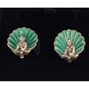Bernard Instone Sterling Silver Pixie Earrings Green Enamel Vintage Clip On